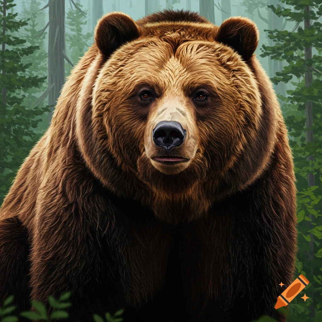 A close-up image of a brown bear's face looking directly at the viewer in a forest.