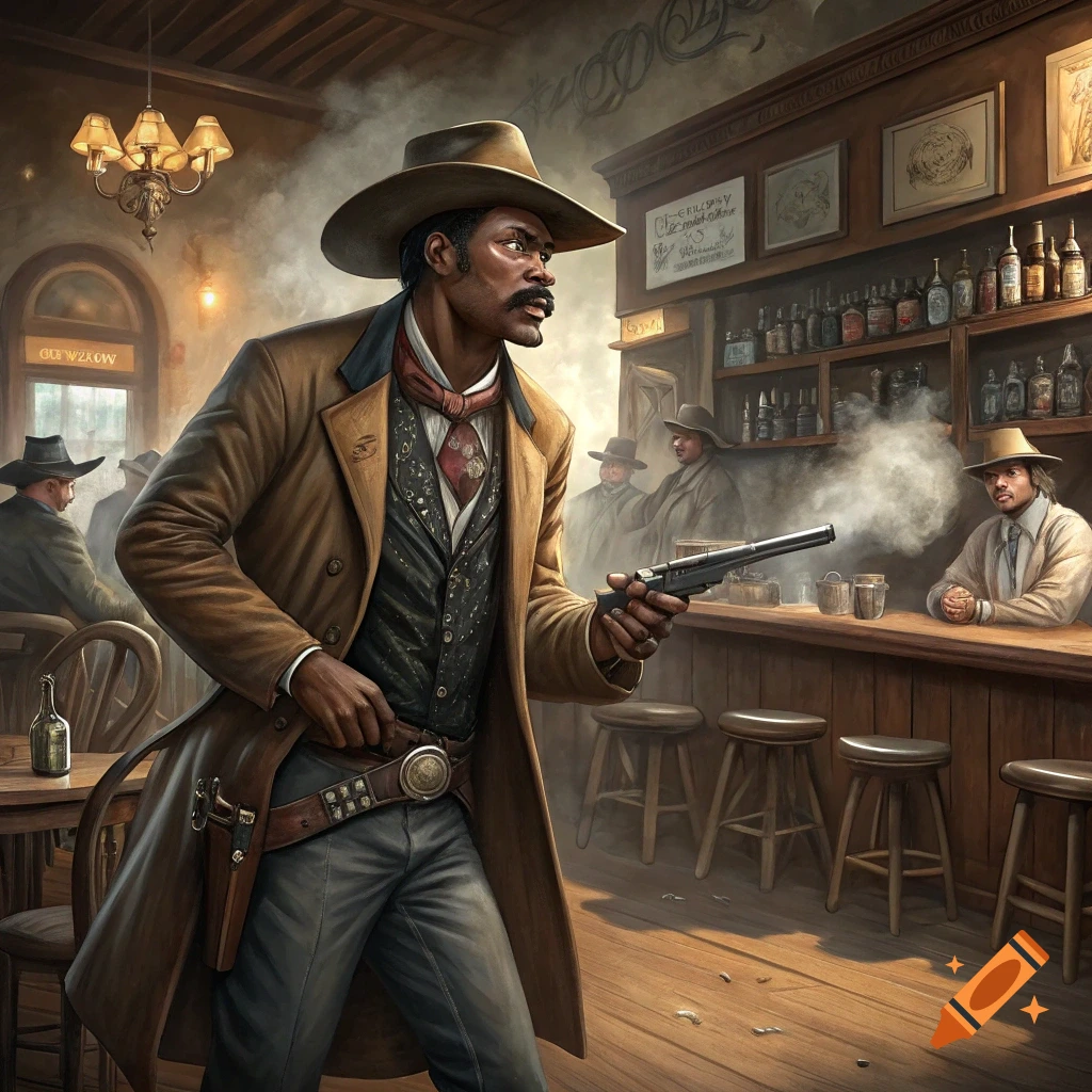 A Black cowboy holding a smoking gun in a saloon during a shootout. Detailed illustration.