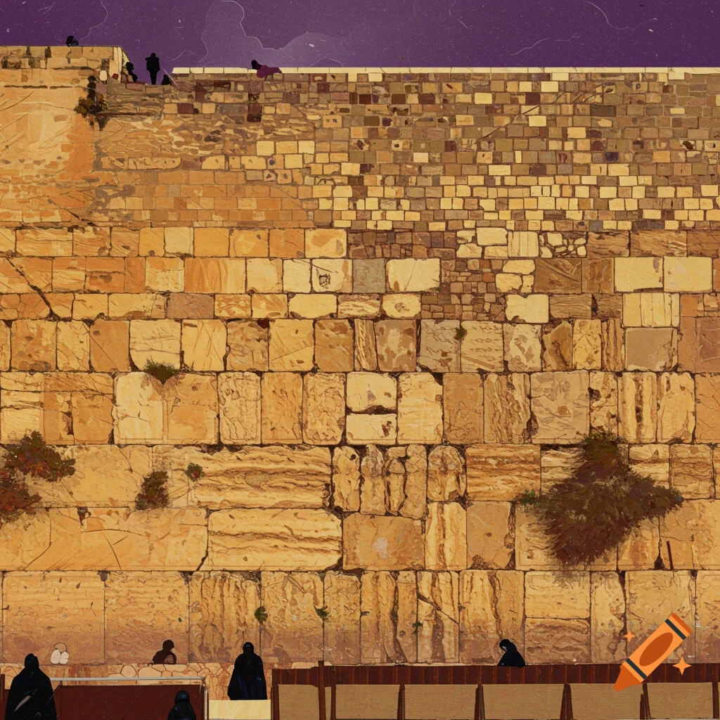 Abstract depiction of the Western Wall with people.