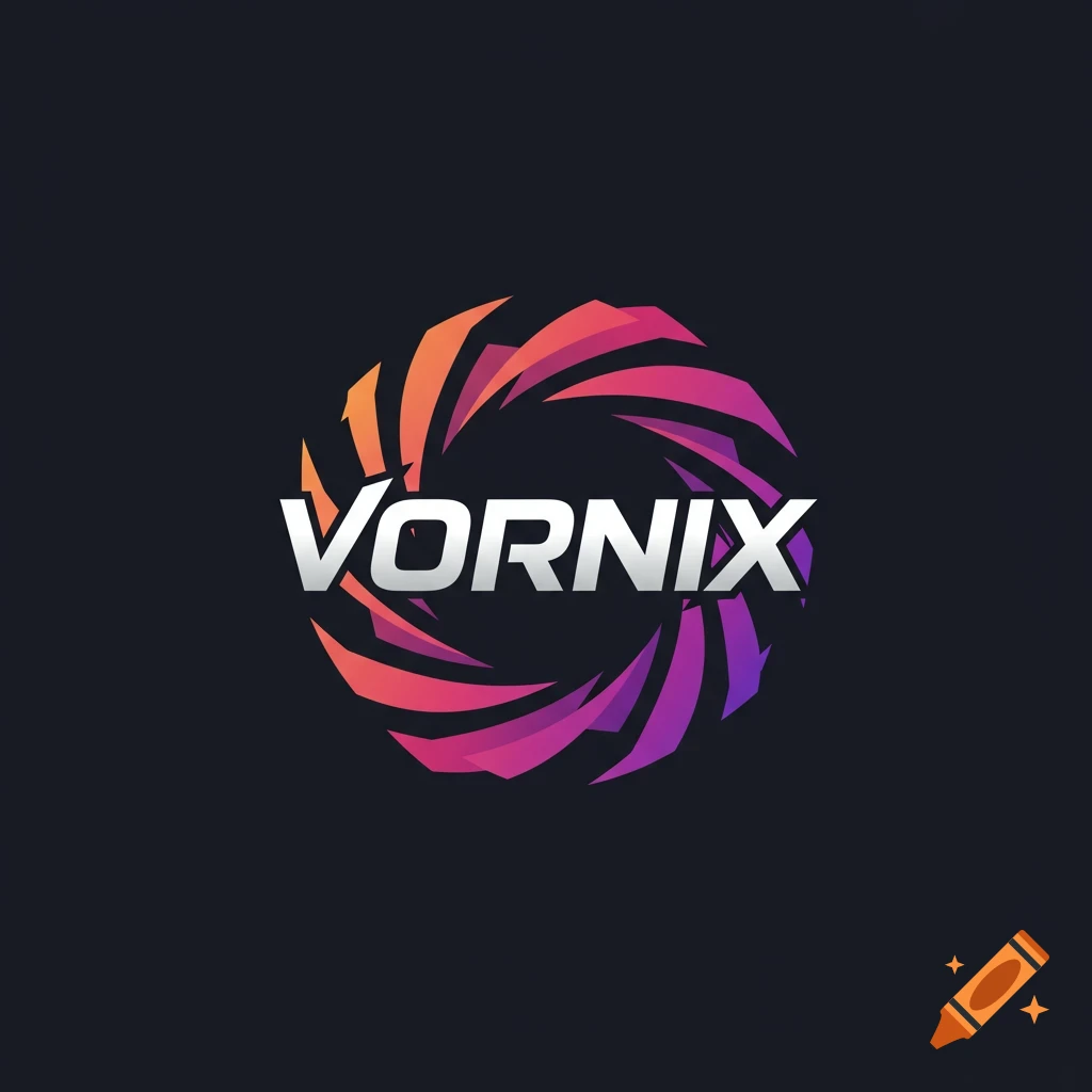 Logo with the word Vornix surrounded by swirling orange, pink, and purple shapes.