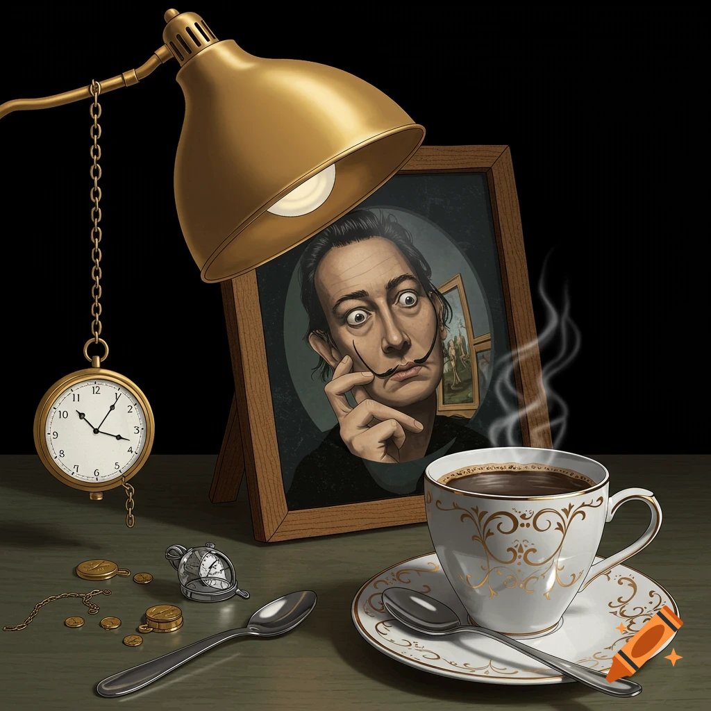 Surreal still life with a portrait of Salvador Dalí, melting clock, and coffee cup.