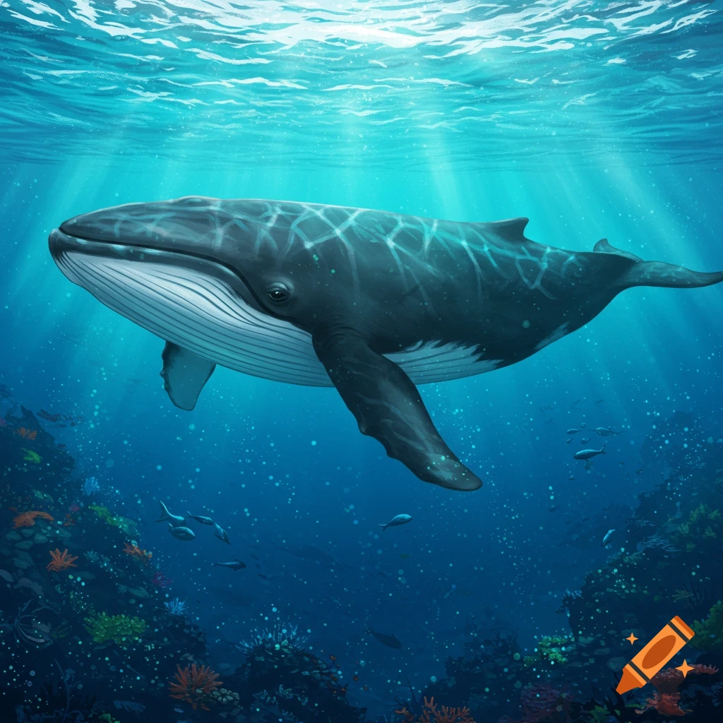 A large whale swimming underwater near colorful coral reefs.