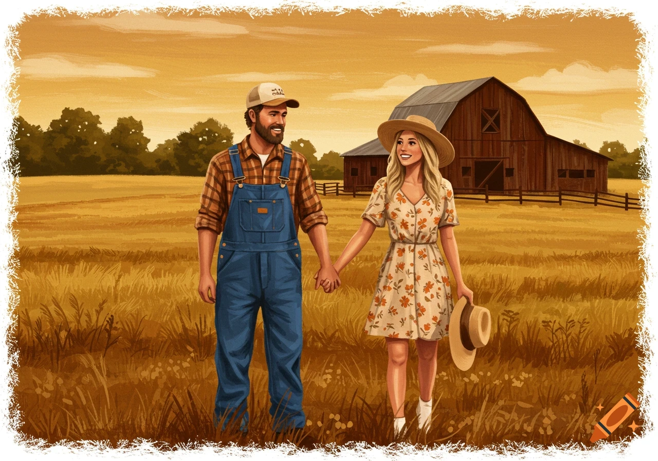 A country couple holding hands in a field with a barn.