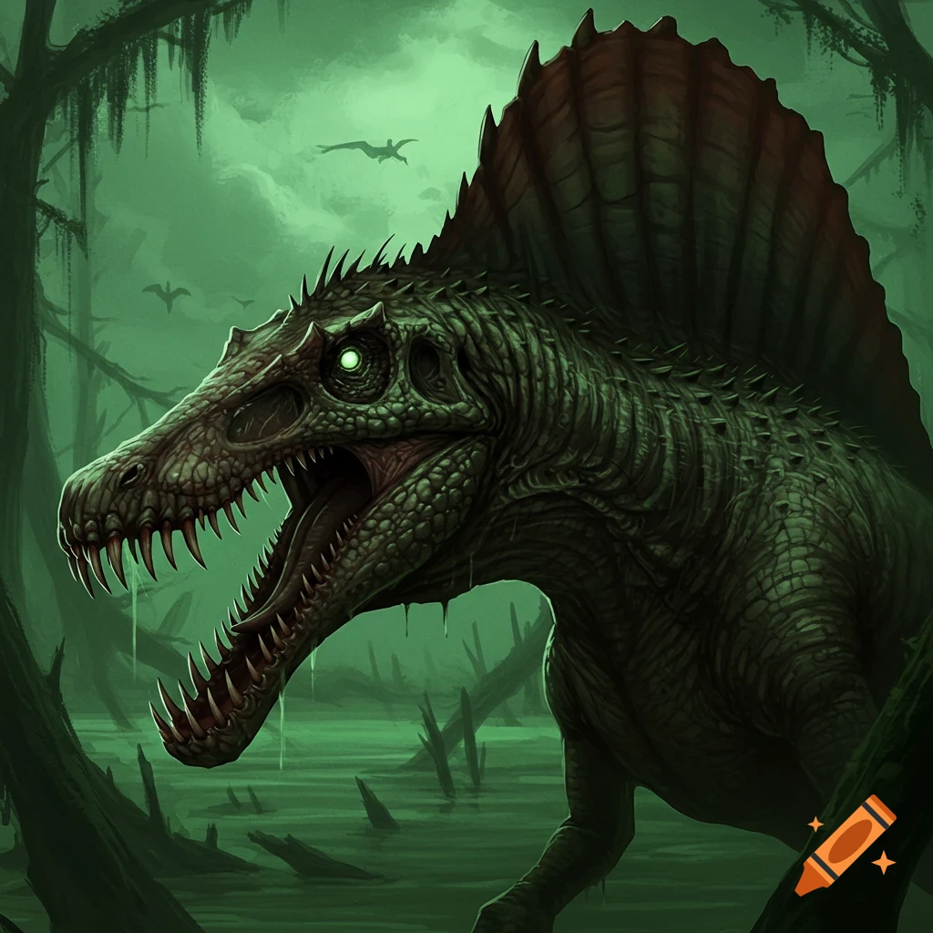A creepy Spinosaurus dinosaur in a dark, misty swamp.