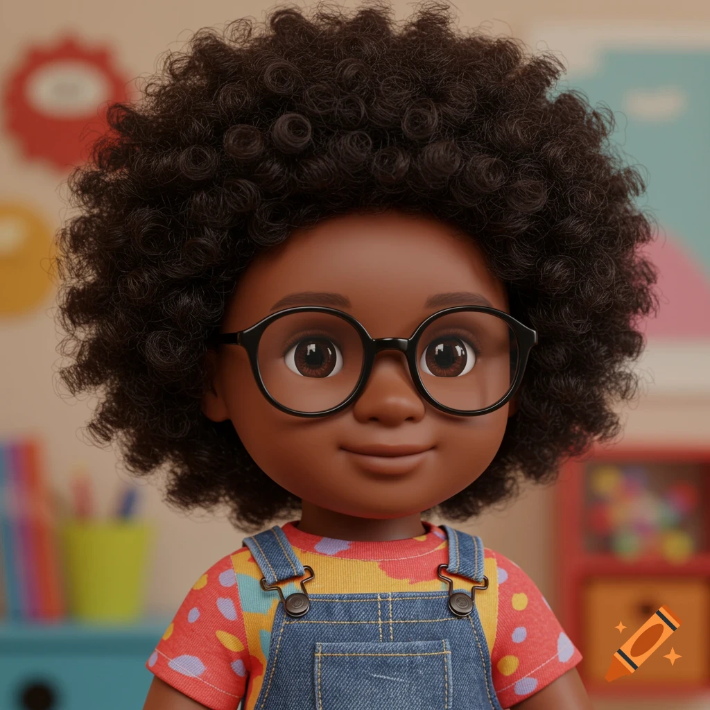 Doll with curly hair and glasses in overalls