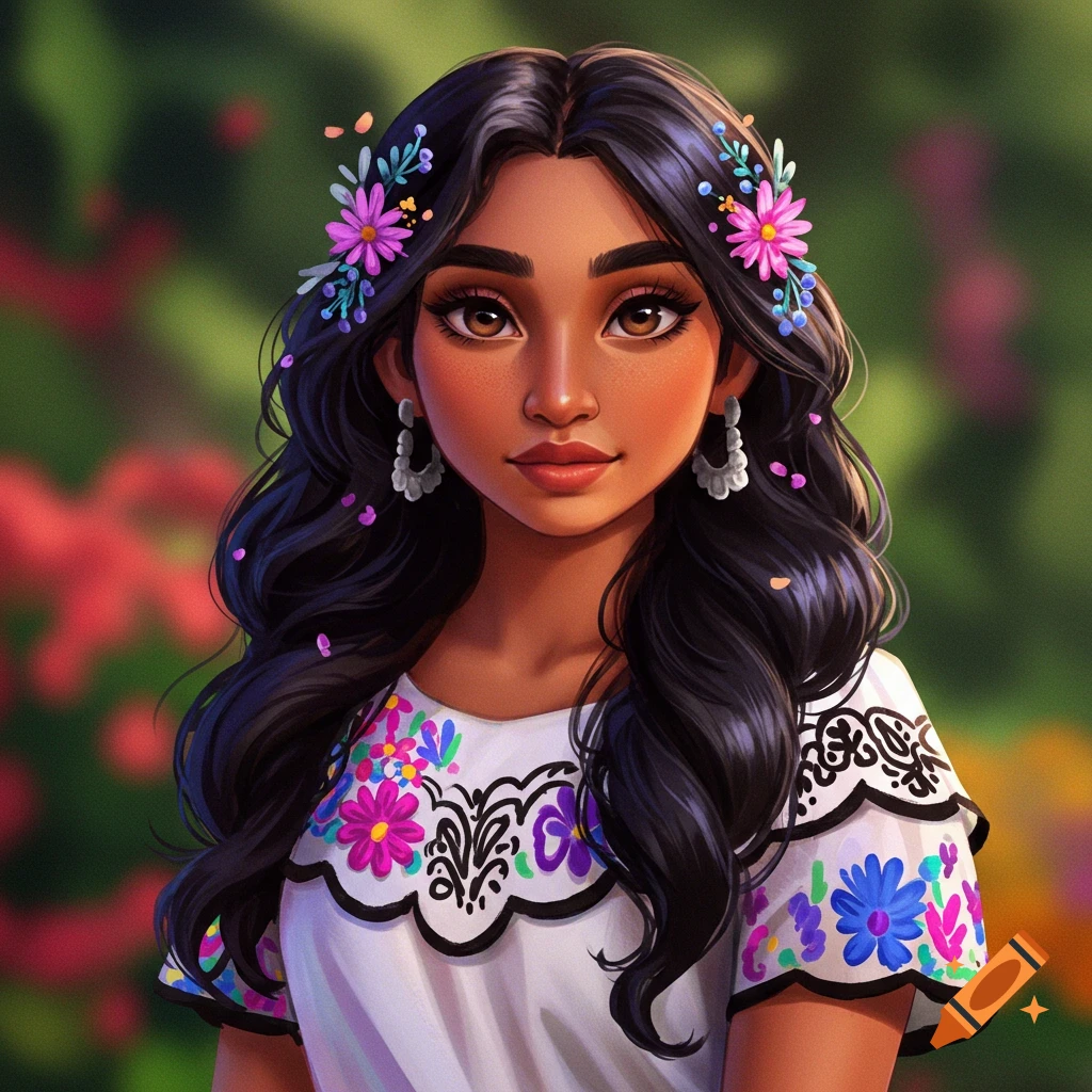 Portrait of a Latina woman with flowers in her hair and embroidered dress.