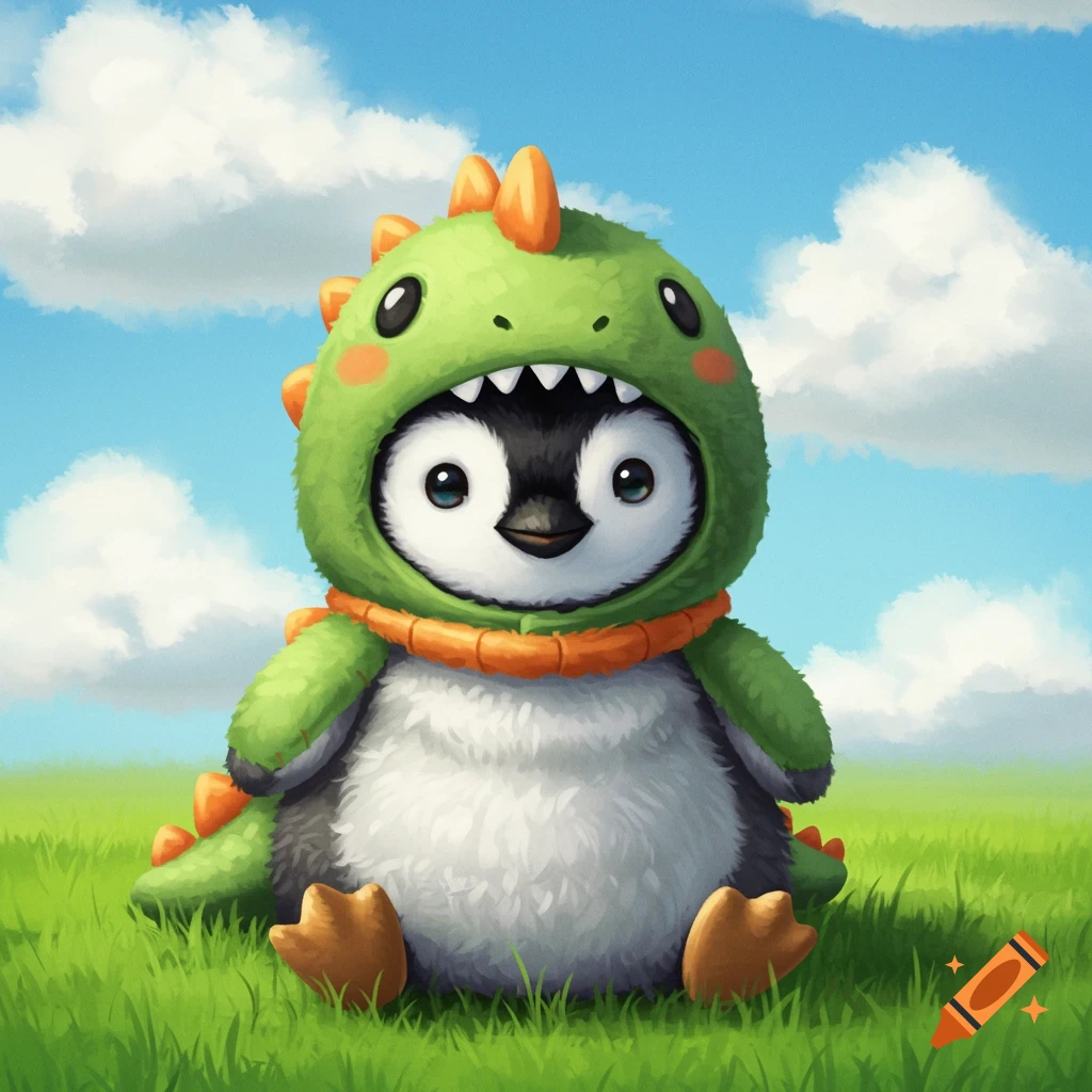 A cute baby penguin in a green dinosaur costume sits in grass under a blue sky.