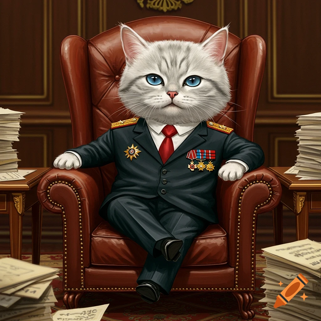 A fluffy grey cat wearing a formal military uniform sits in a leather armchair surrounded by papers.