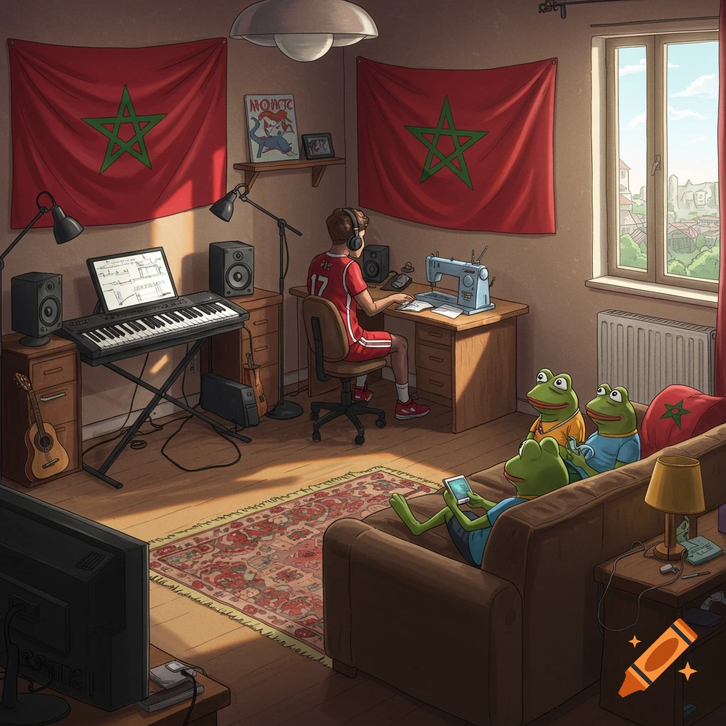 Illustration of a student's bedroom with music gear, sewing machine, Moroccan flags, and frogs on a couch.