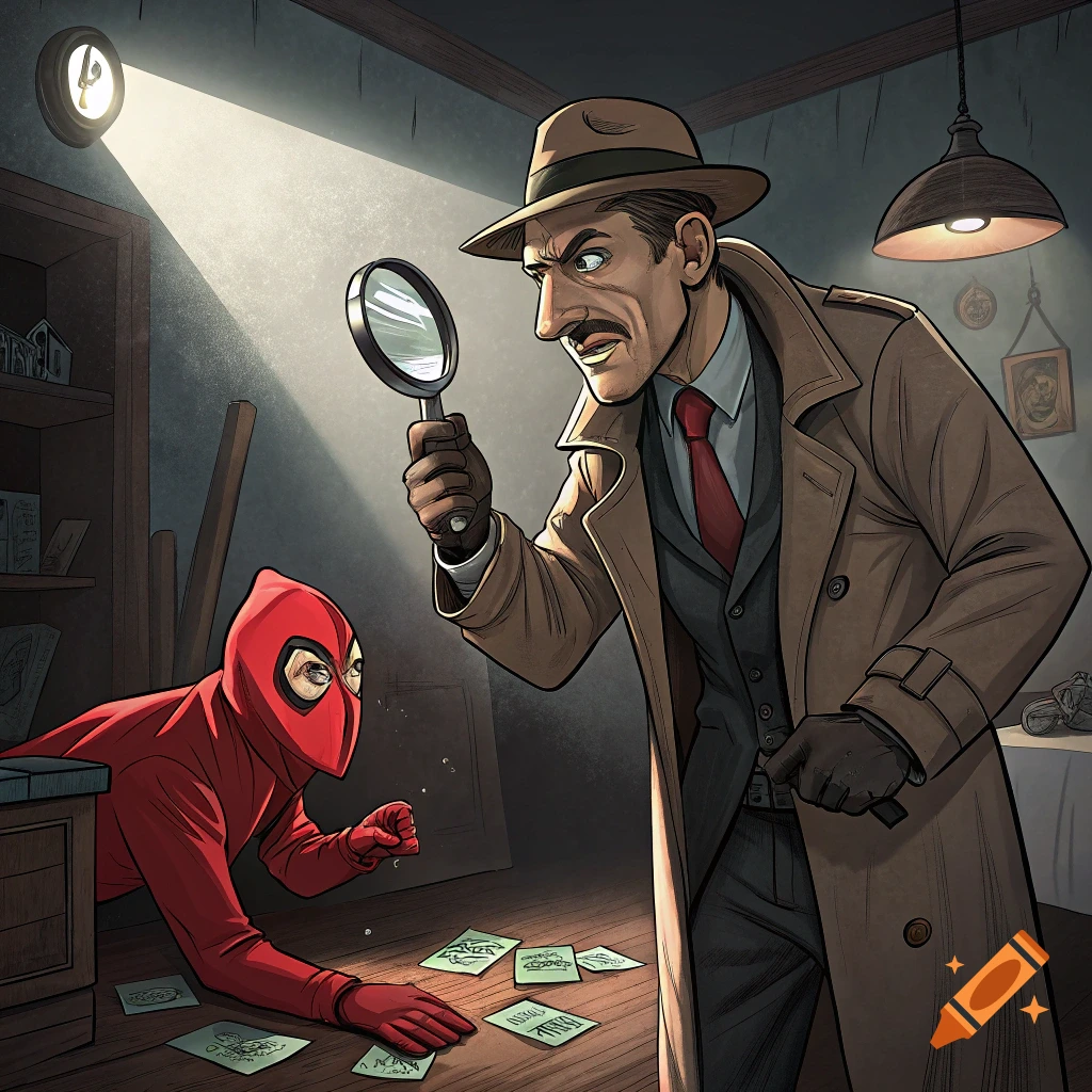 Comic illustration of a detective and a figure in a red suit investigating papers on the floor.