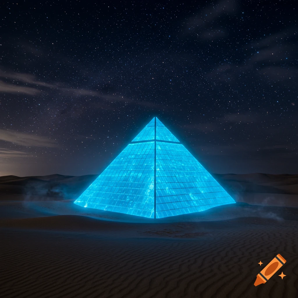 Glowing blue glass pyramid in a desert at night under a starry sky