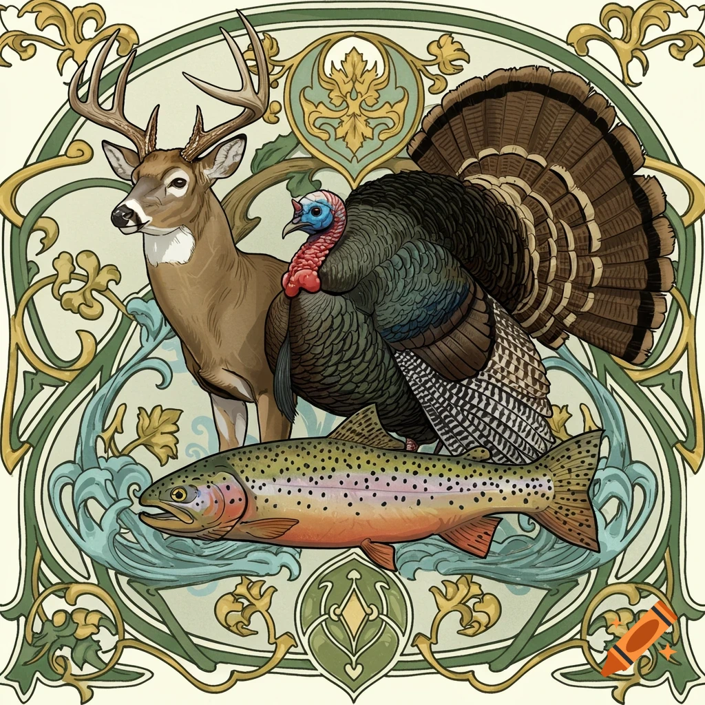 An Art Nouveau illustration of a deer, turkey, and trout.