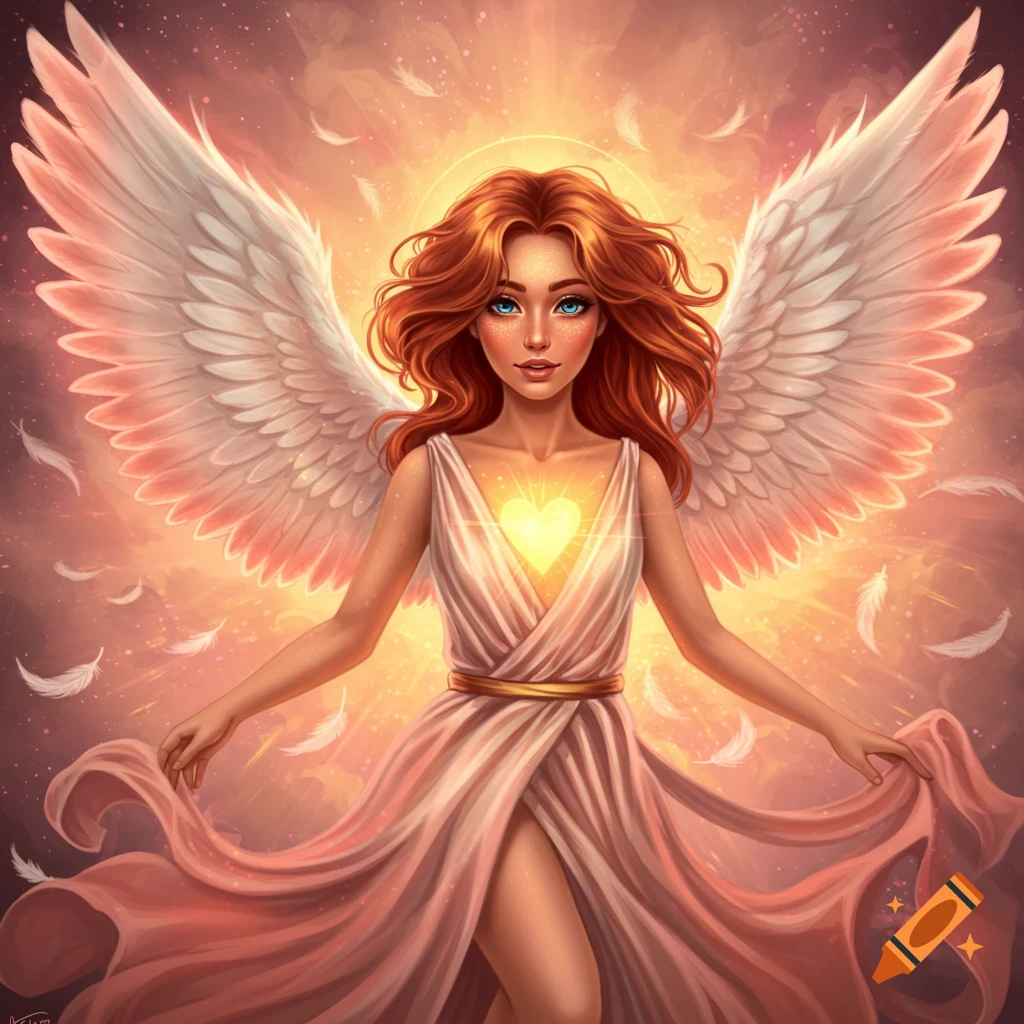 An angelic woman with white wings, glowing heart, and flowing pink dress surrounded by feathers and light.