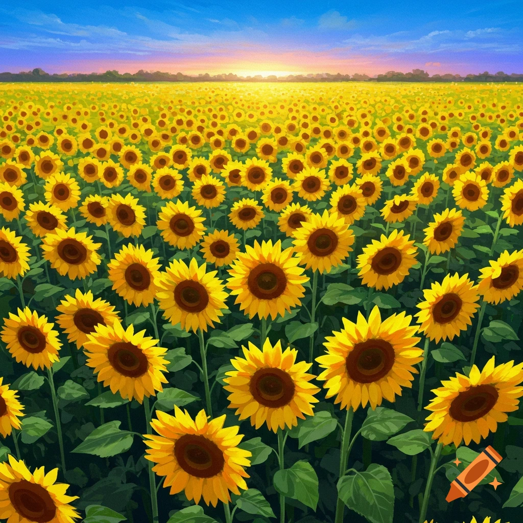 Vast field of vibrant sunflowers under a sunset sky
