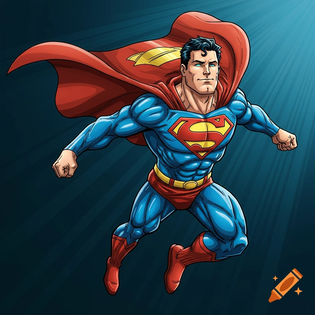Comic book illustration of Superman flying.