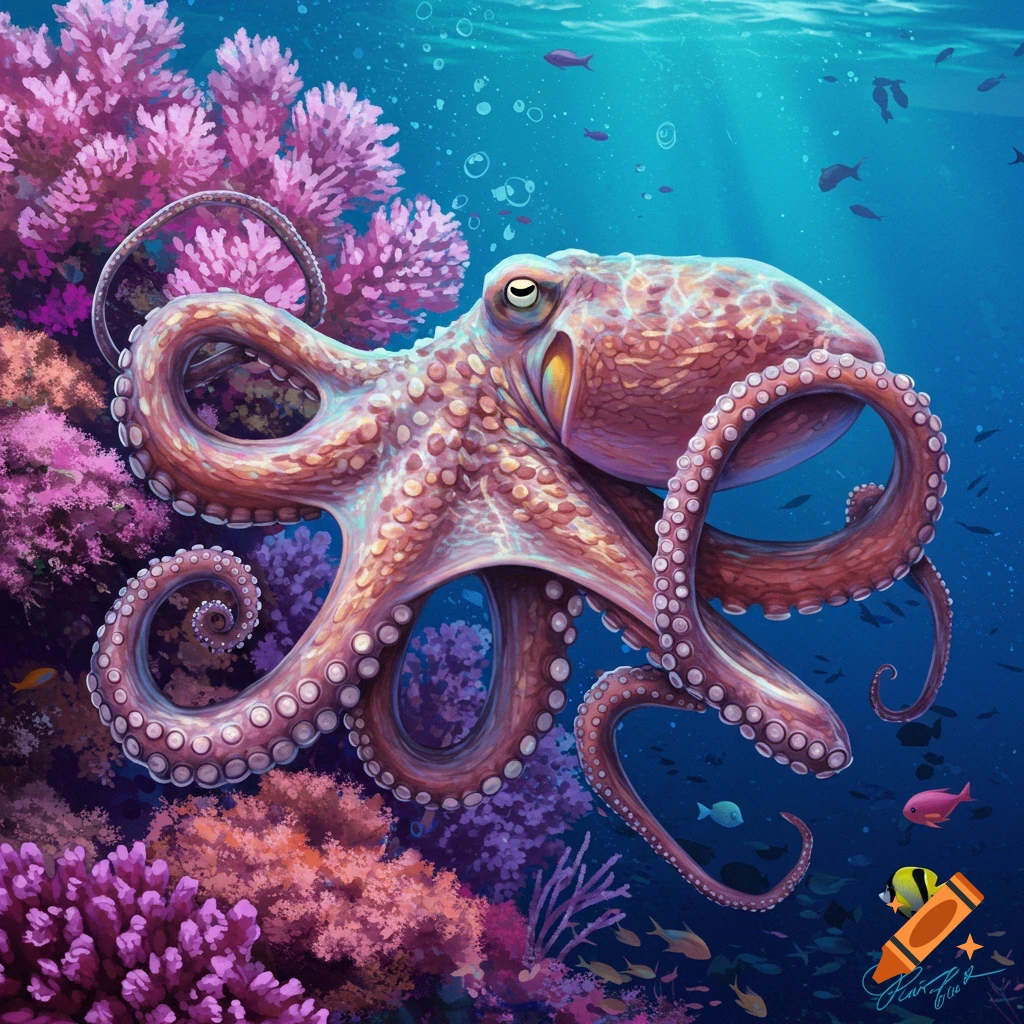 A large octopus swimming among colorful coral and fish.