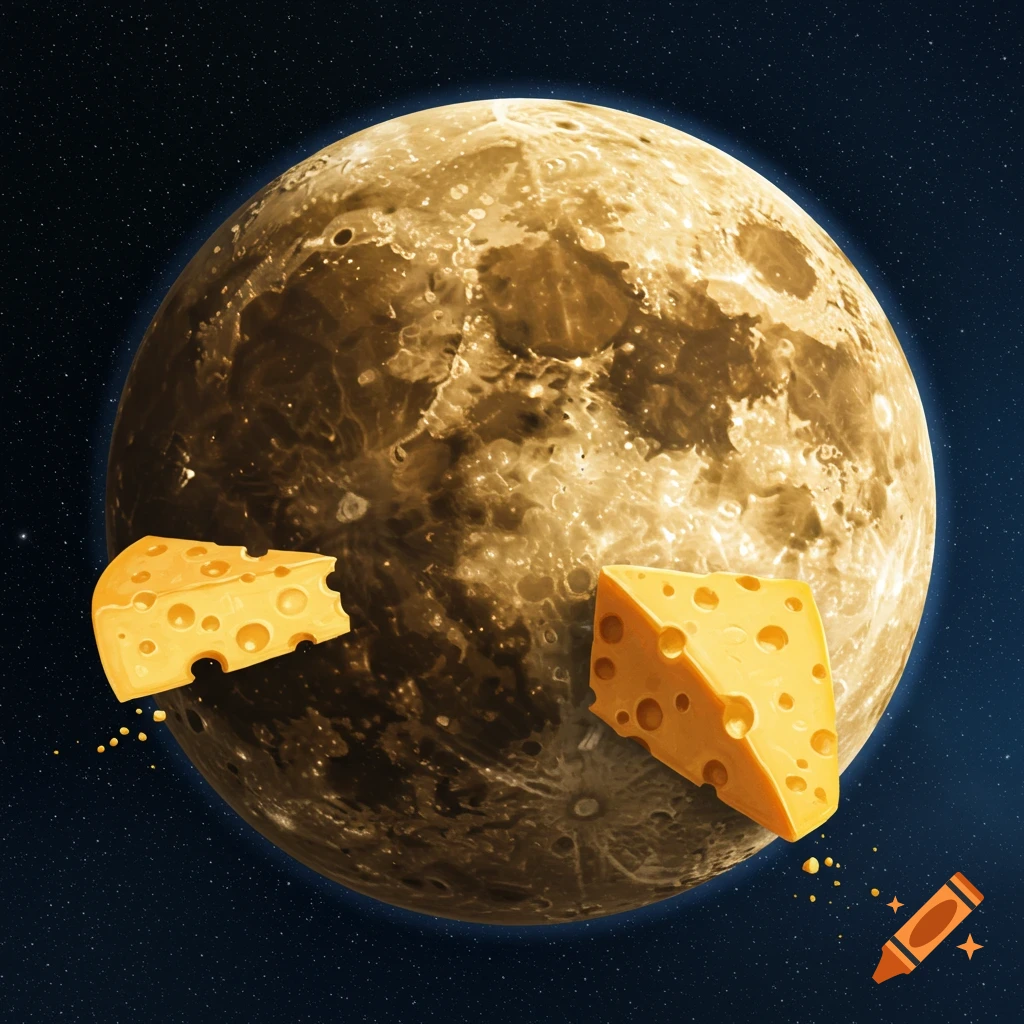 The moon, made of cheese with chunks missing, floating in space.