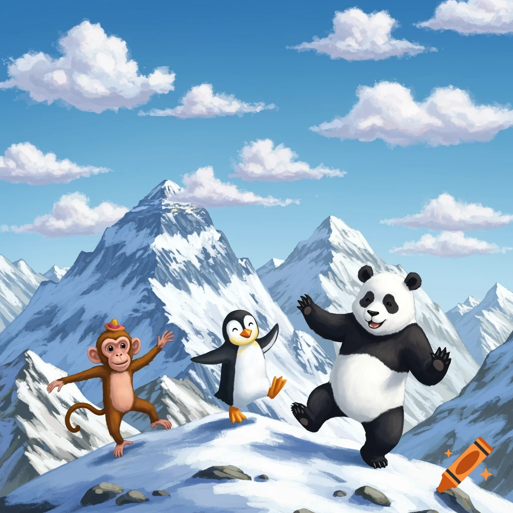 Cartoon monkey, penguin, and panda dancing on snowy mountains under a blue, cloudy sky.