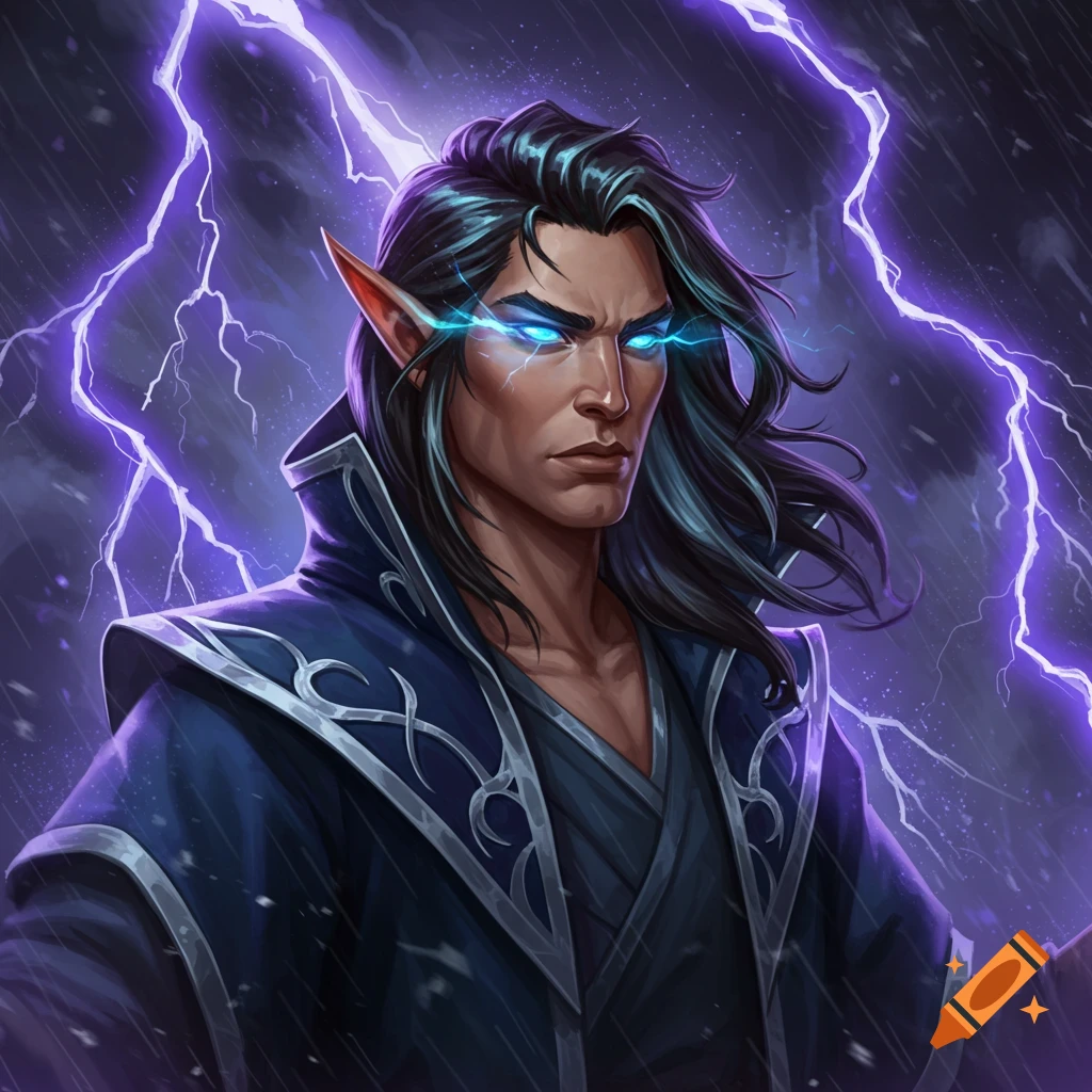 A male half-elf sorcerer with glowing blue eyes and lightning around him.