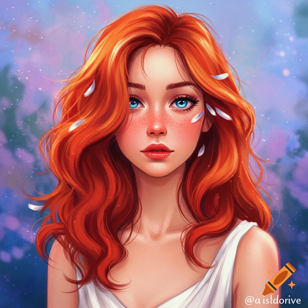 A red-haired woman with blue eyes and freckles stands against a colorful sky, with feathers floating around her.