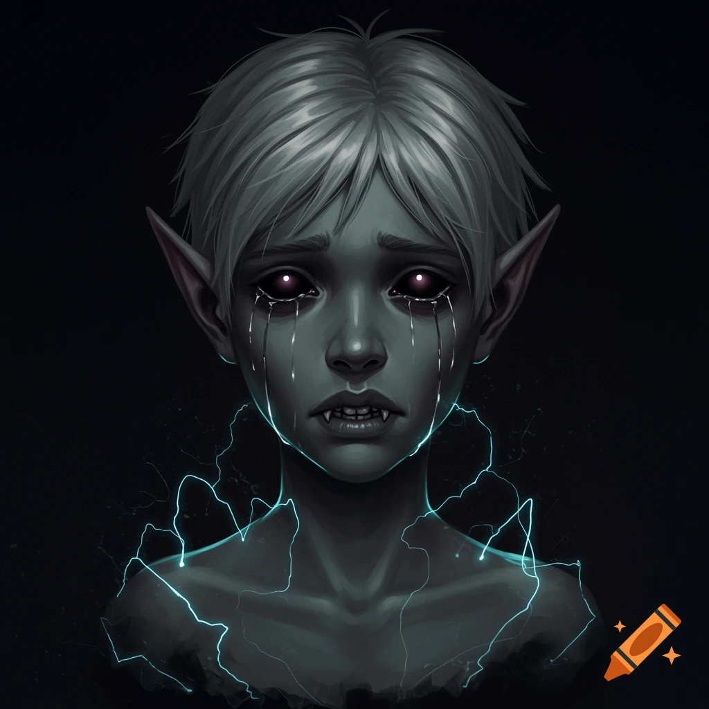 A boy with grey skin and white hair has fangs, glowing red eyes, and tears. Blue electricity surrounds him on a dark background.