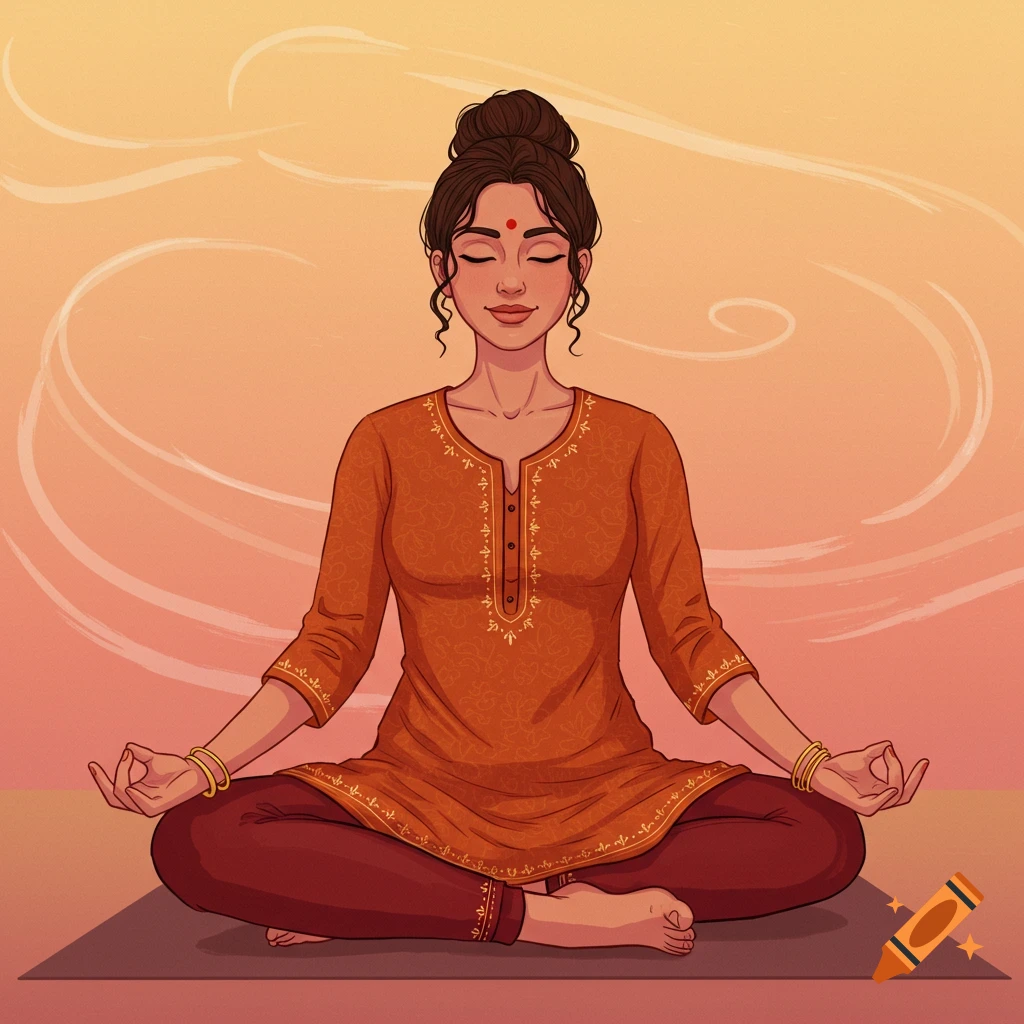 A depiction of an Indian woman meditating in a yoga pose.