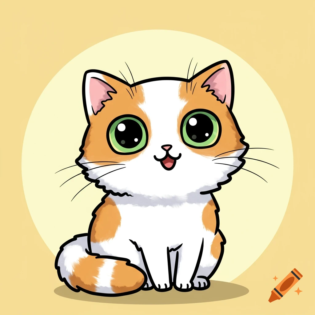 A cute orange and white cartoon cat with big green eyes sits against a yellow background.
