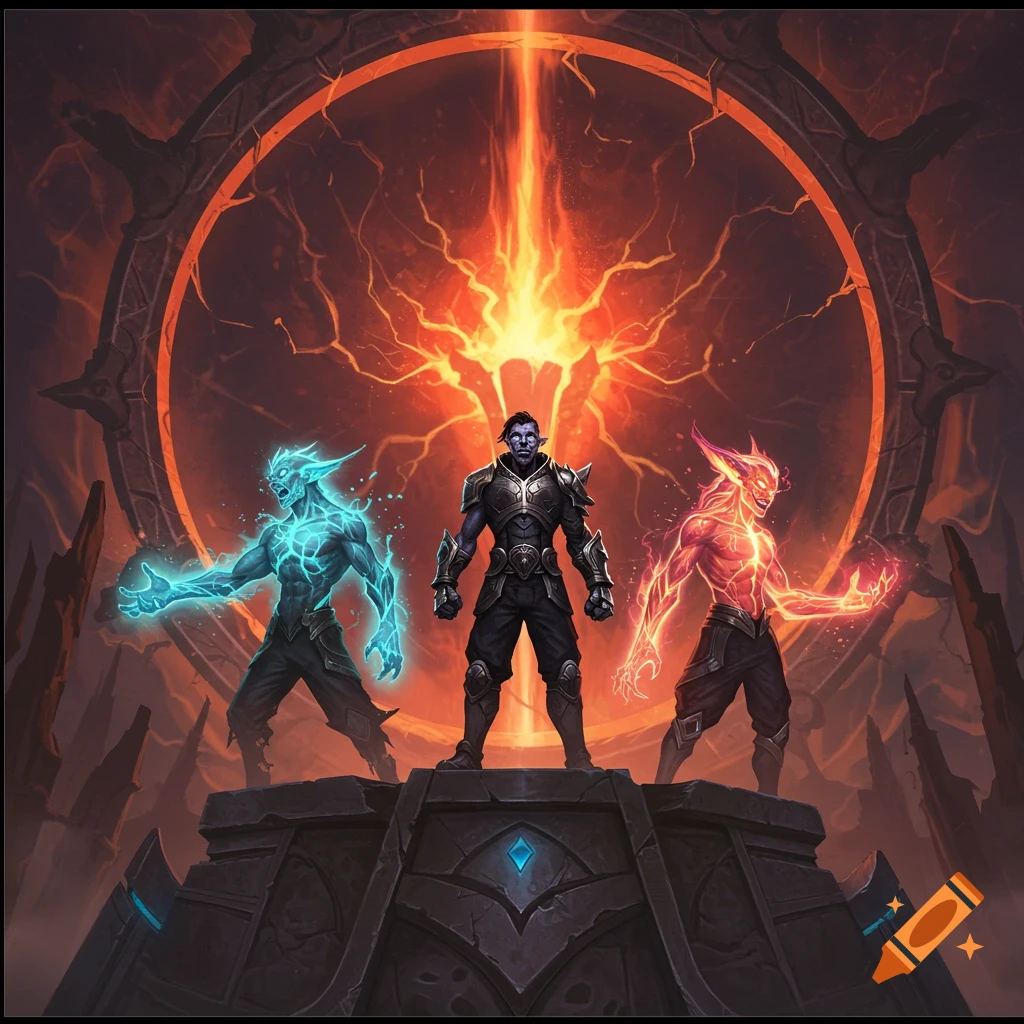 Three fantasy figures stand on a platform before a dramatic, fiery energy portal.