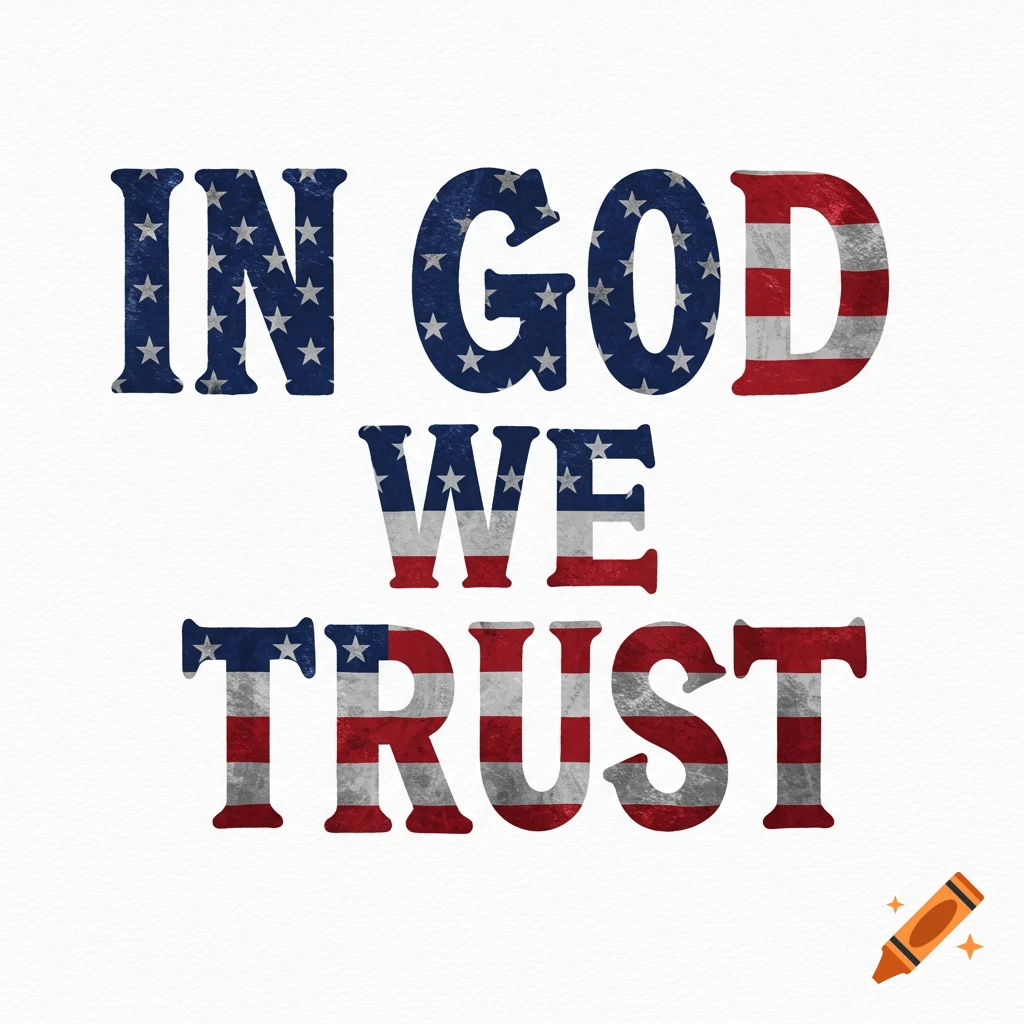The text 'IN GOD WE TRUST' rendered in the style of the American flag.