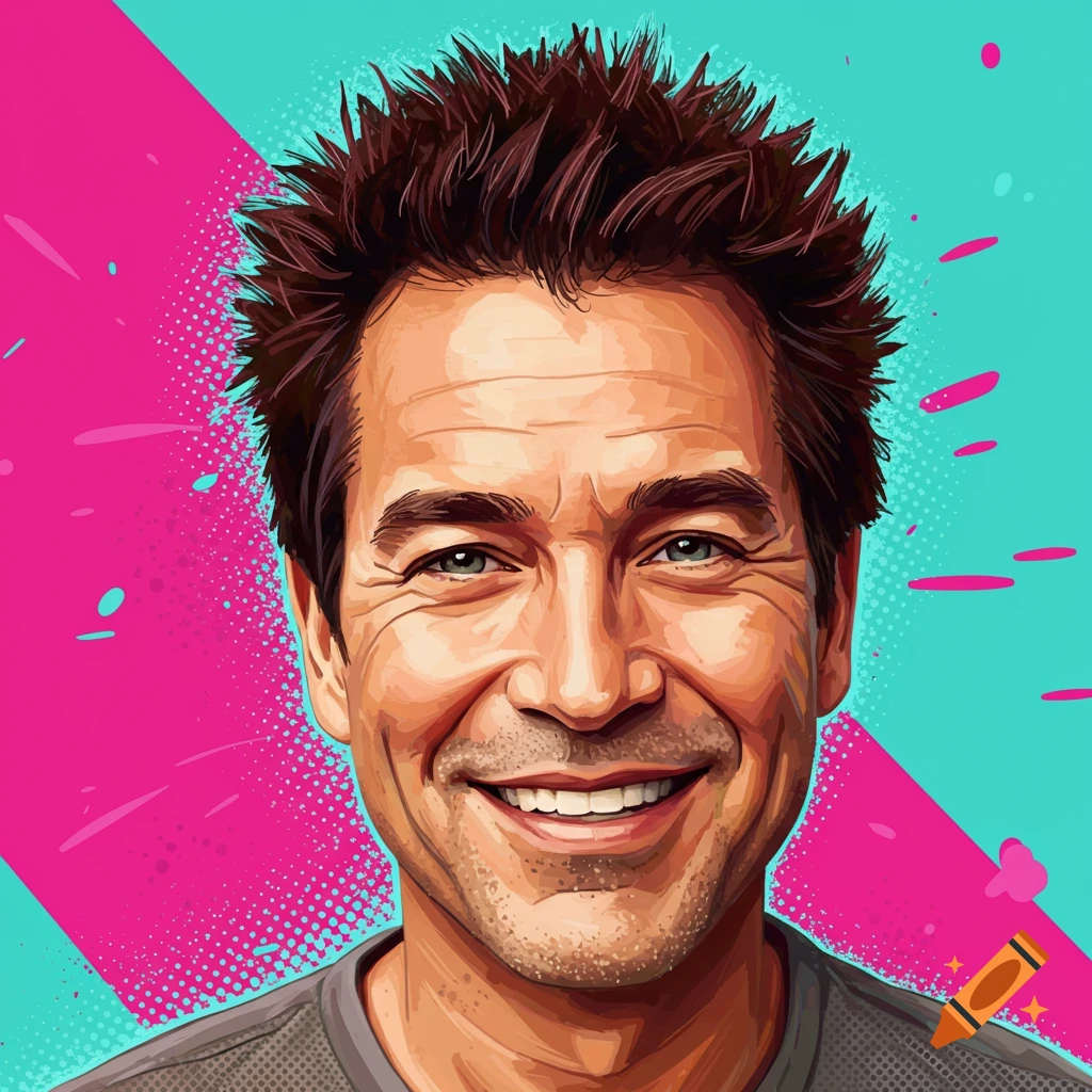 Portrait of a smiling man with spiky hair against a vibrant pink and teal background.