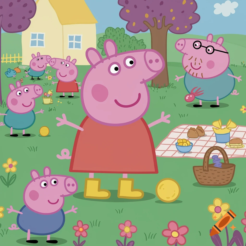 Cartoon illustration of Peppa Pig and her family enjoying a picnic in a grassy field near their house.