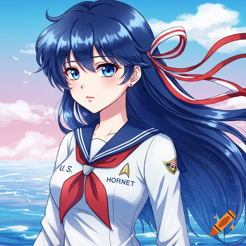 Anime girl in sailor uniform with blue hair by the ocean