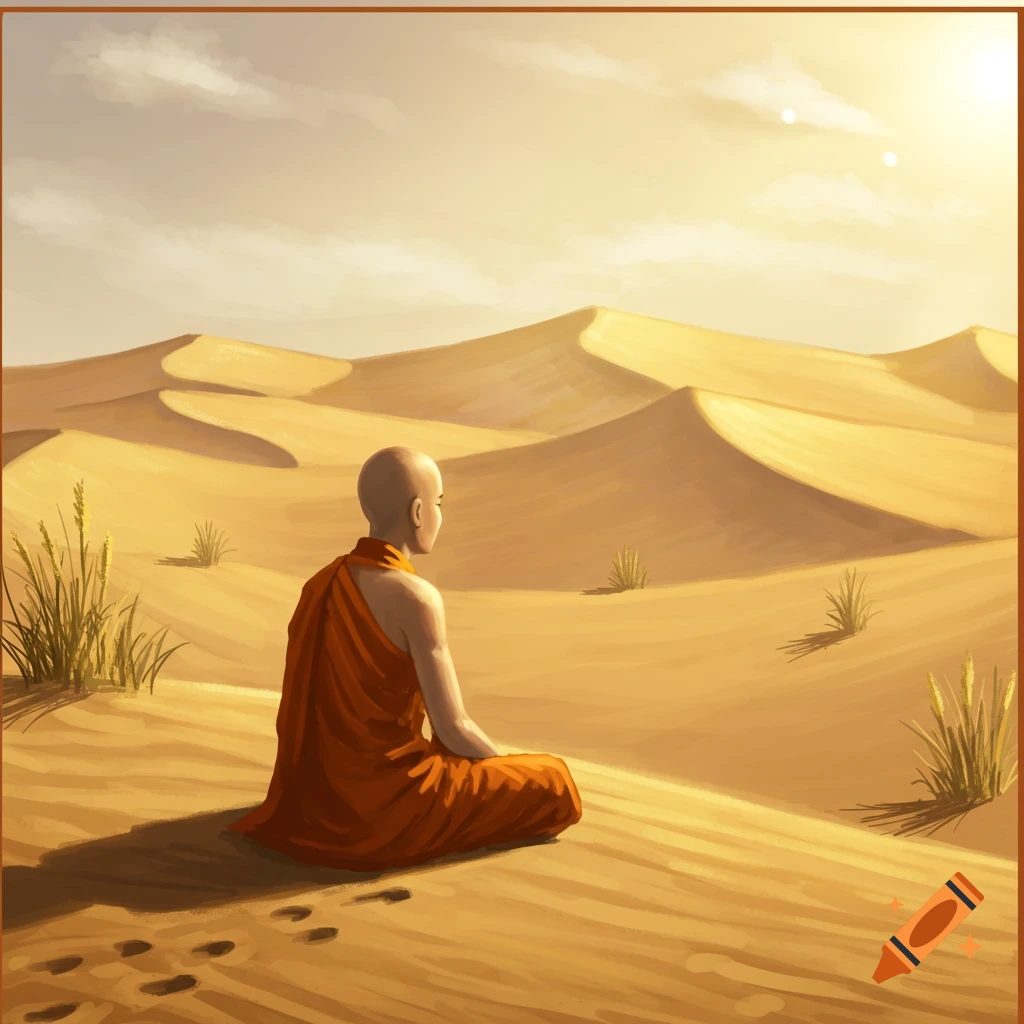 A monk meditating in a vast desert landscape with sand dunes.
