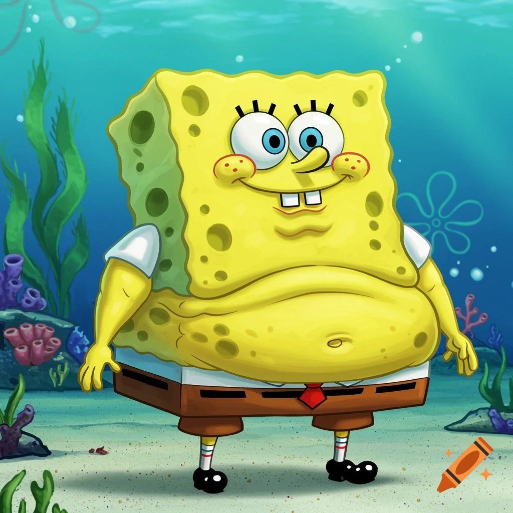 Overweight SpongeBob SquarePants stands underwater