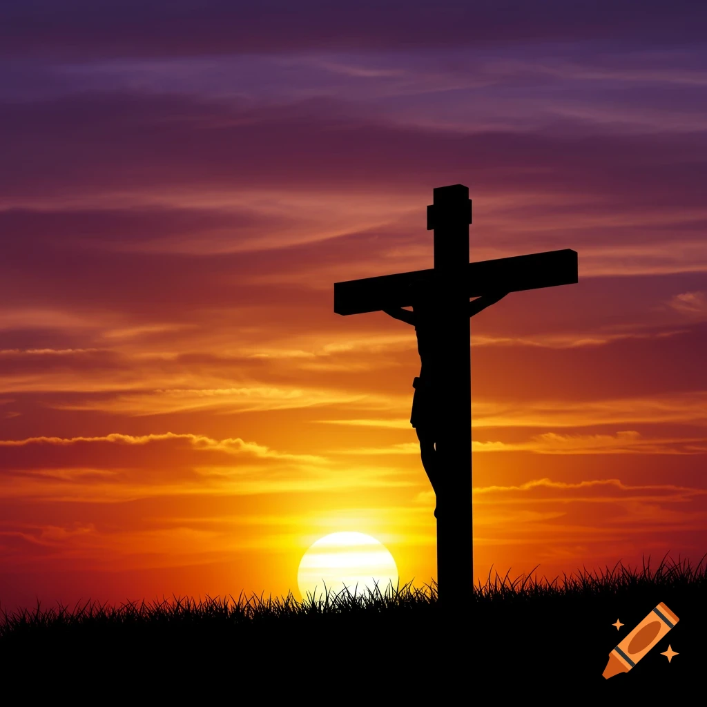 Silhouette of a crucifixion cross against a vibrant sunset sky