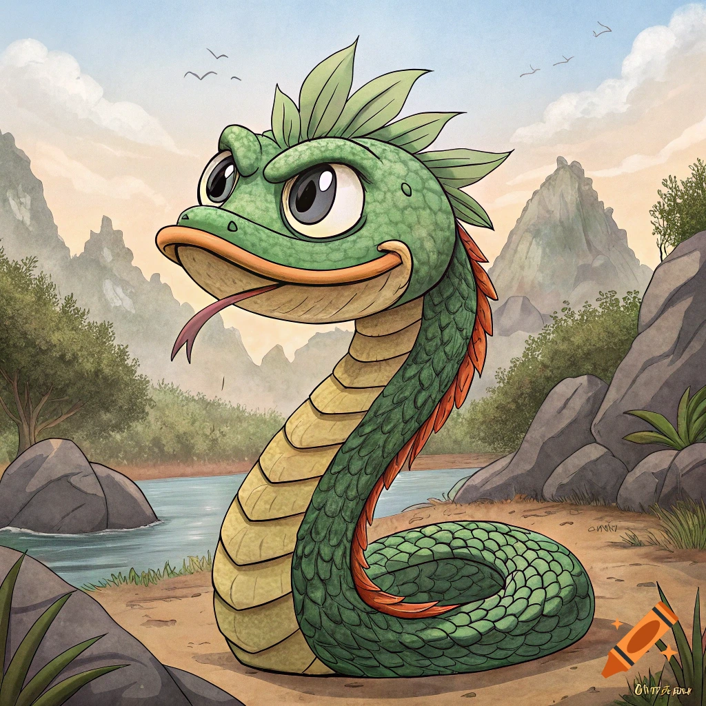 Cartoon green snake-like creature with big eyes and tongue standing in a rocky landscape