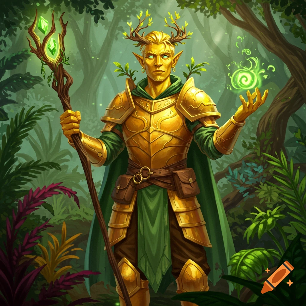A fantasy character in golden armor with leafy antlers, holding a glowing staff and magic in a forest.