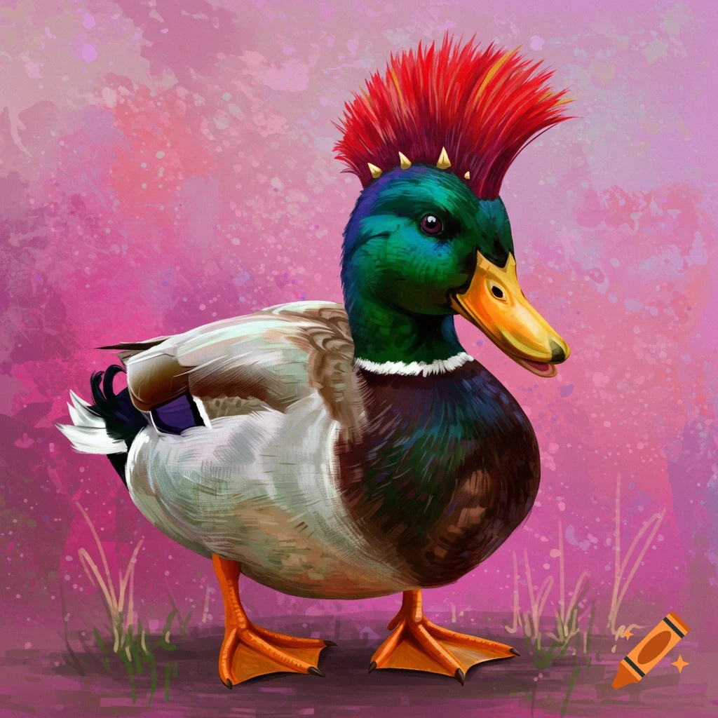 A mallard duck with a bright red mohawk against a pink background.