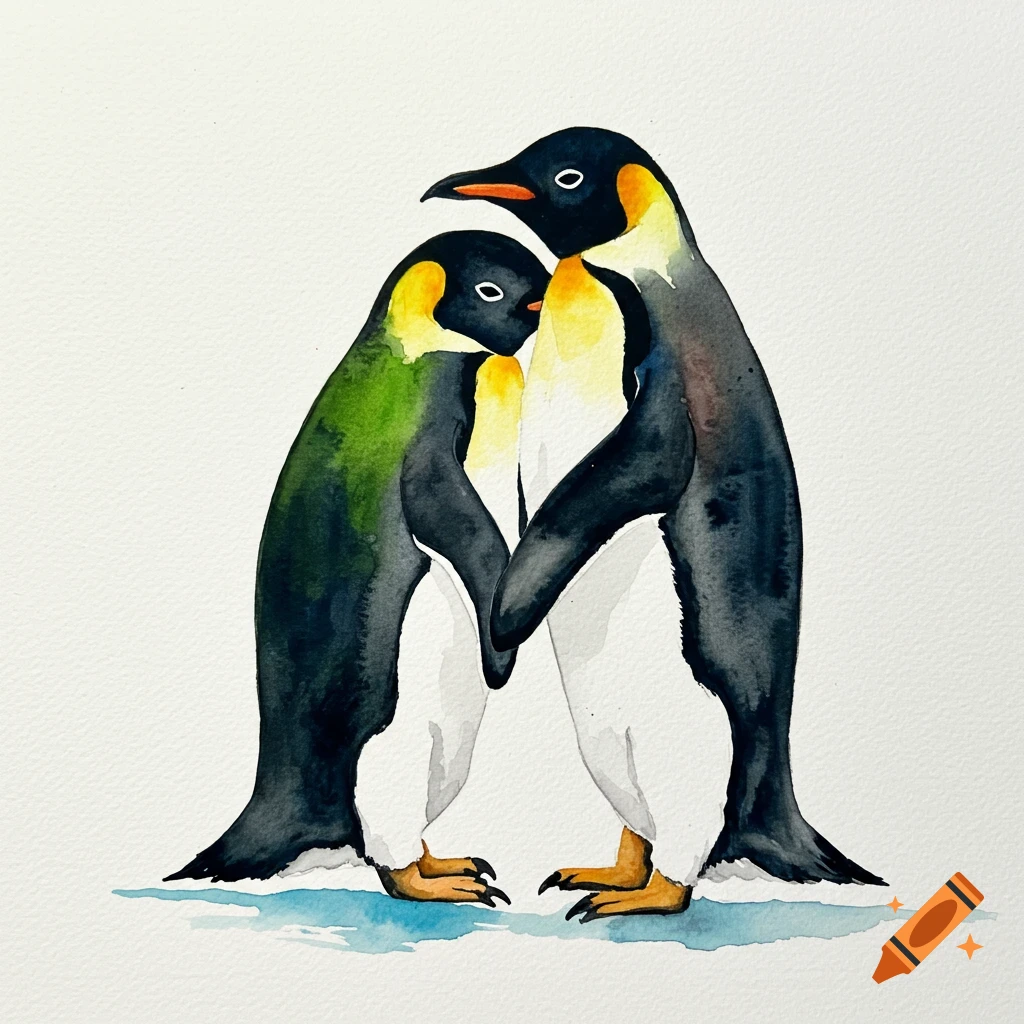 A watercolor painting of two emperor penguins hugging on ice.