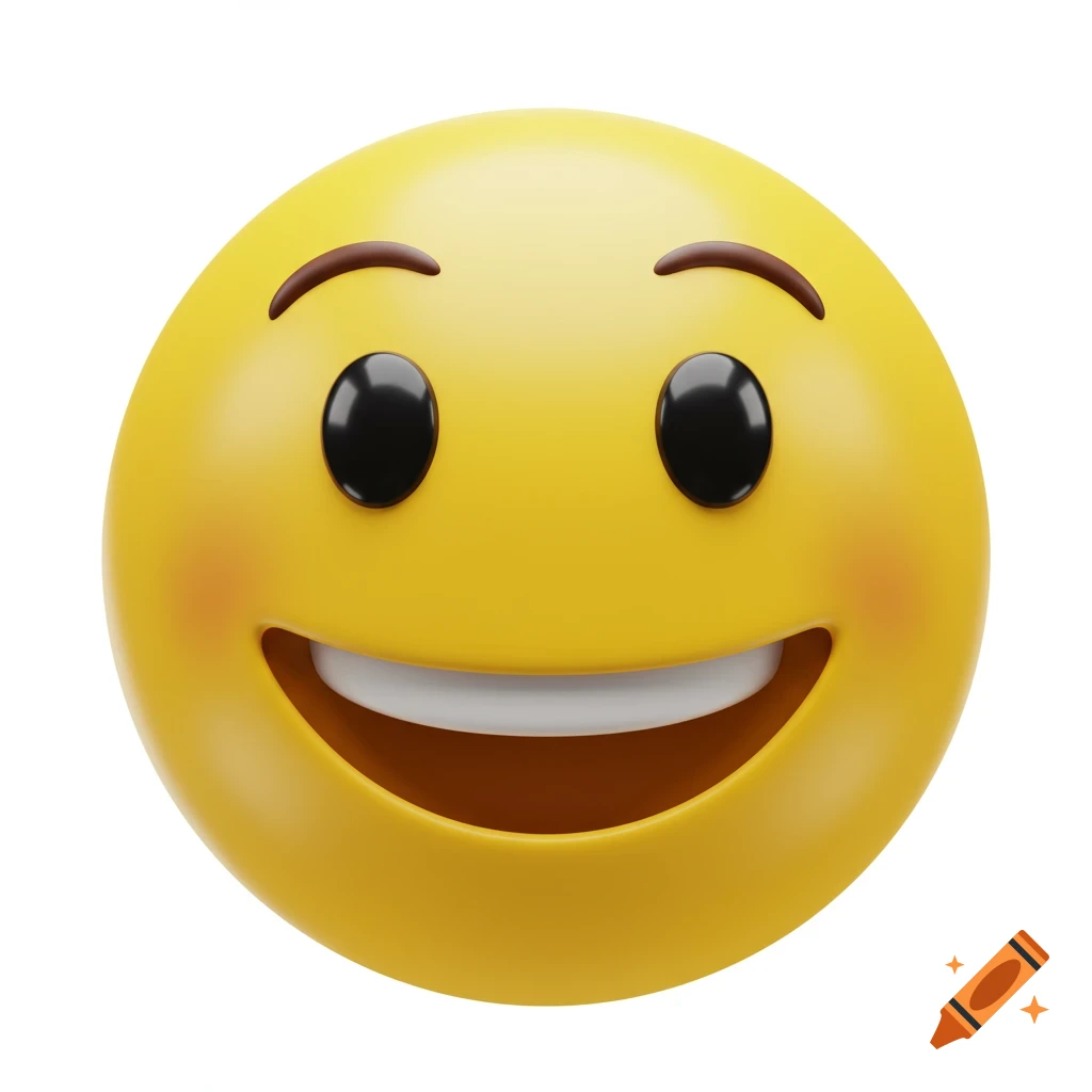 A 3D rendered happy face emoji smiling