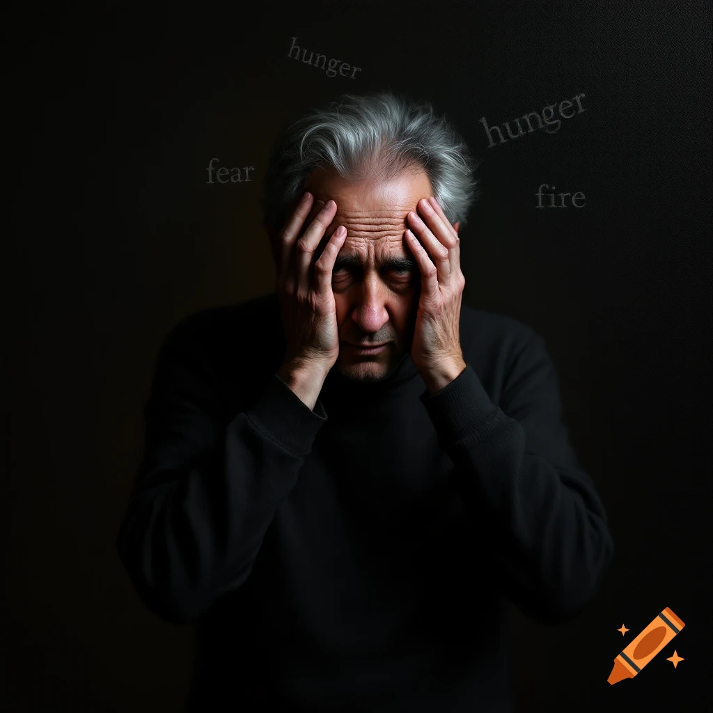 Portrait of a man holding his head in distress, surrounded by floating words 'hunger', 'fear', and 'fire' in a dark, dramatic style.