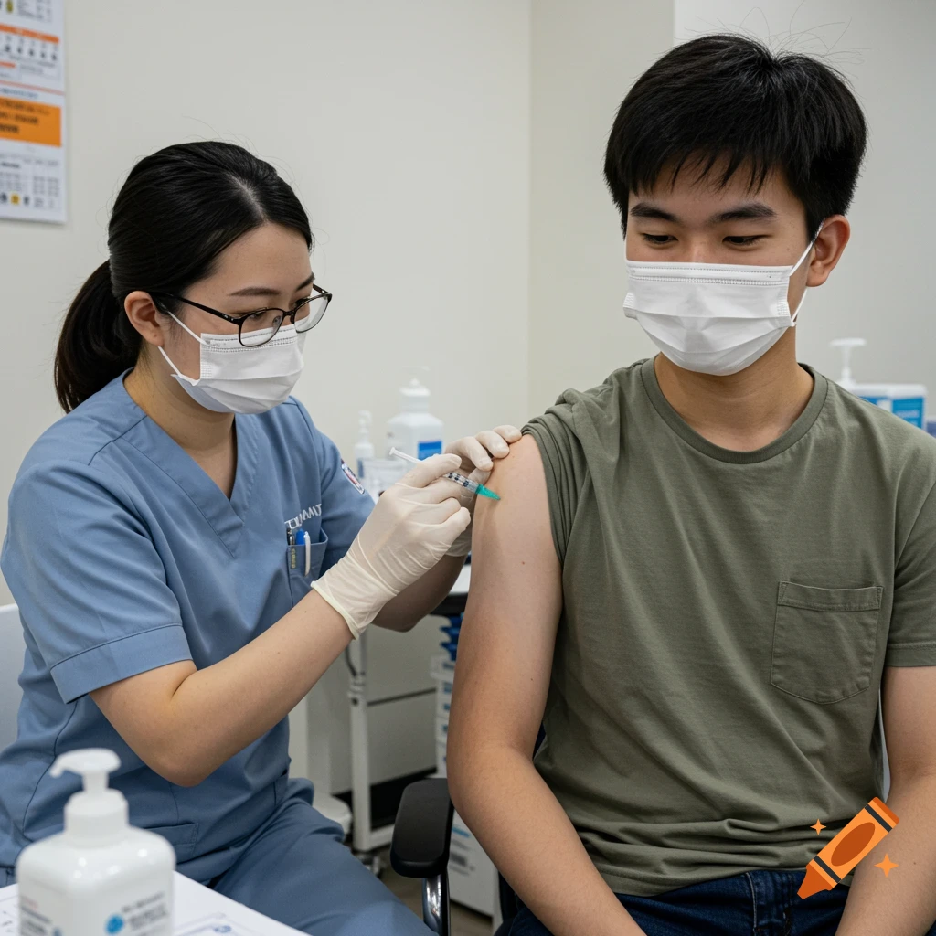 A nurse in scrubs administers a vaccine shot to a young man's arm in a clinic.