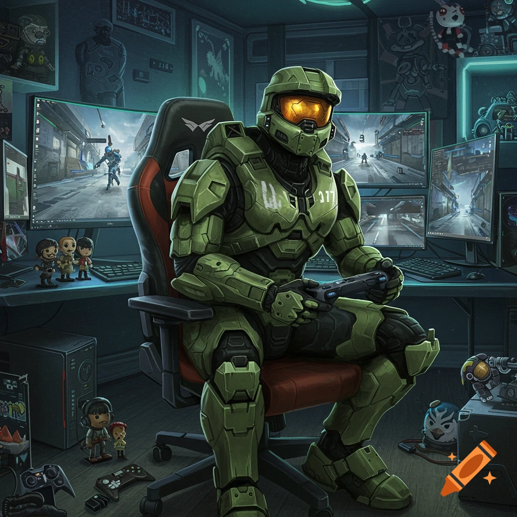 Master Chief in his armor sitting in a gaming chair, playing a video game on multiple monitors.