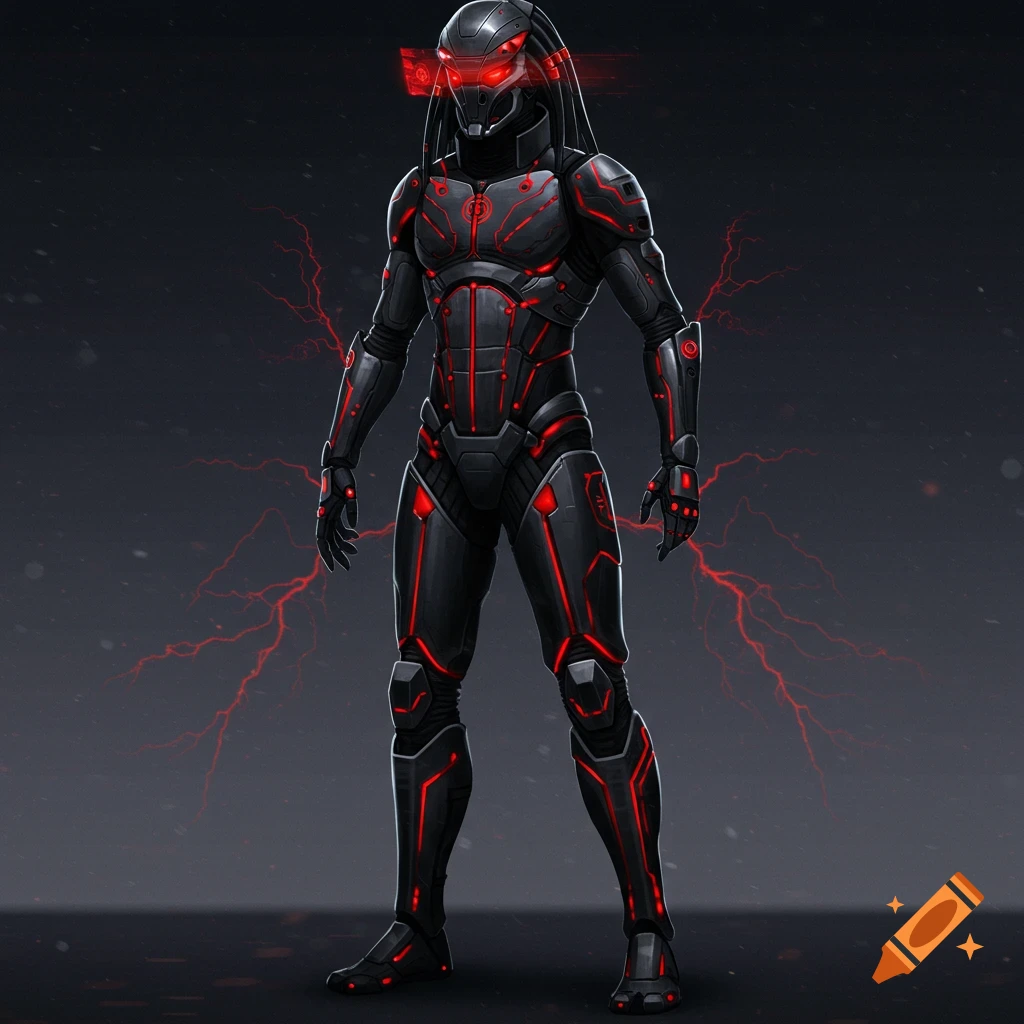 Full body of a character in black futuristic armor with red glowing lines and visor, surrounded by red energy.