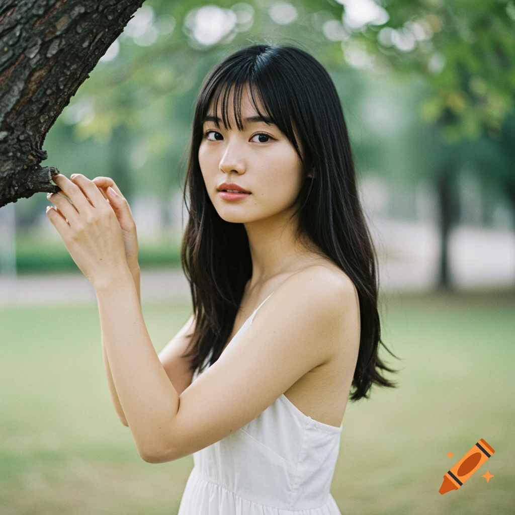 A woman stands by a tree branch in a park.