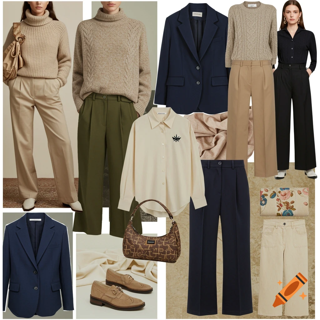 Collage vision board of comfortable, professional, and creative clothing including sweaters, pants, blazers, shirt, shoes, and bags.