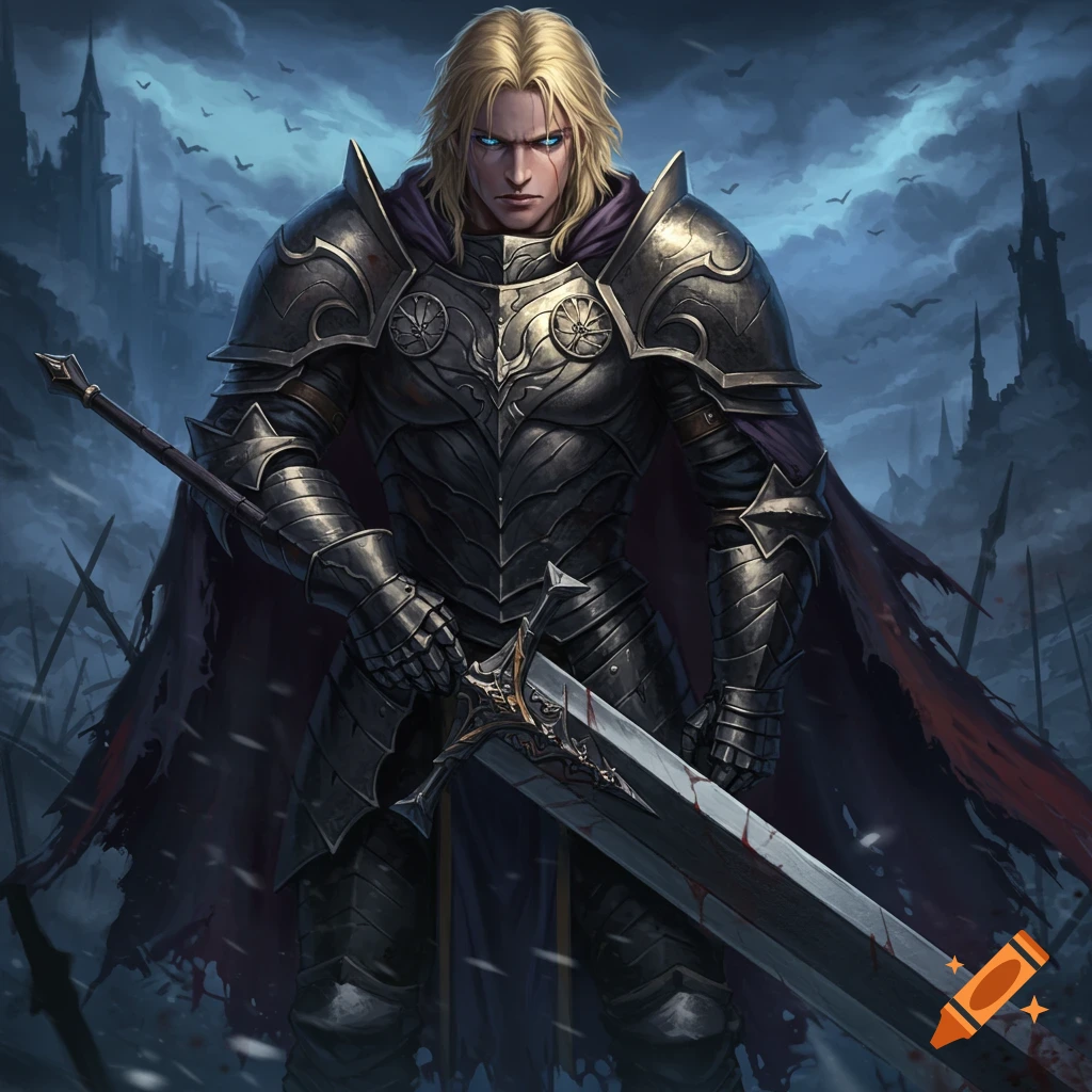 Image of a blonde male knight in dark armor with a bloody sword in a ruined dark fantasy landscape.