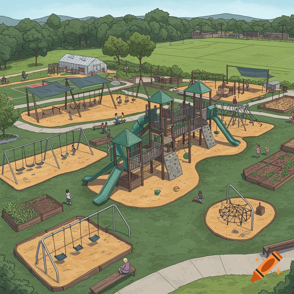A large park with multiple playgrounds, sandpits, gardens, and sports fields.