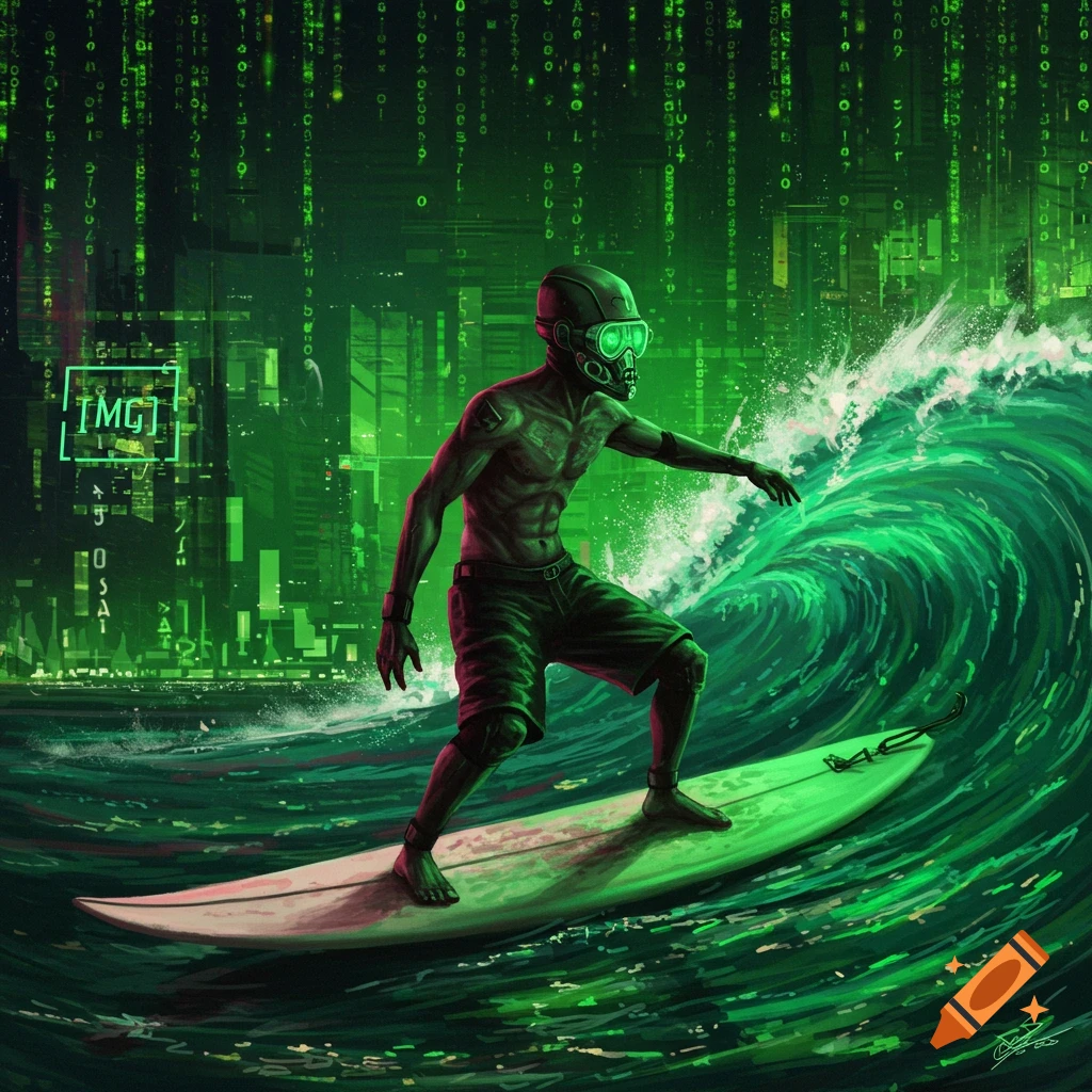 A cyberpunk surfer rides a green wave with matrix code falling in the background, digital art.