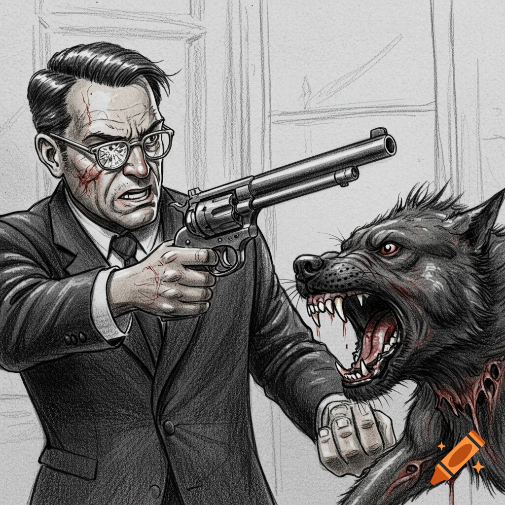 Illustration of a man with cracked glasses shooting a rabid dog in pencil sketch style.